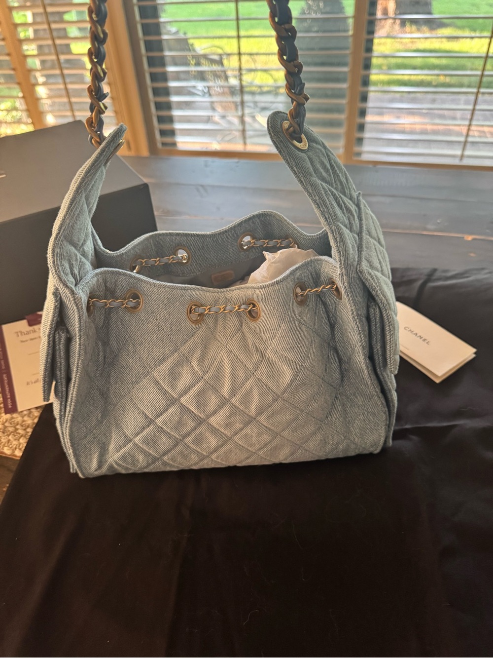 CHANEL Light Blue Quilted Denim Shoulder Bag with Gold-Tone Chain - Picture 9 of 15
